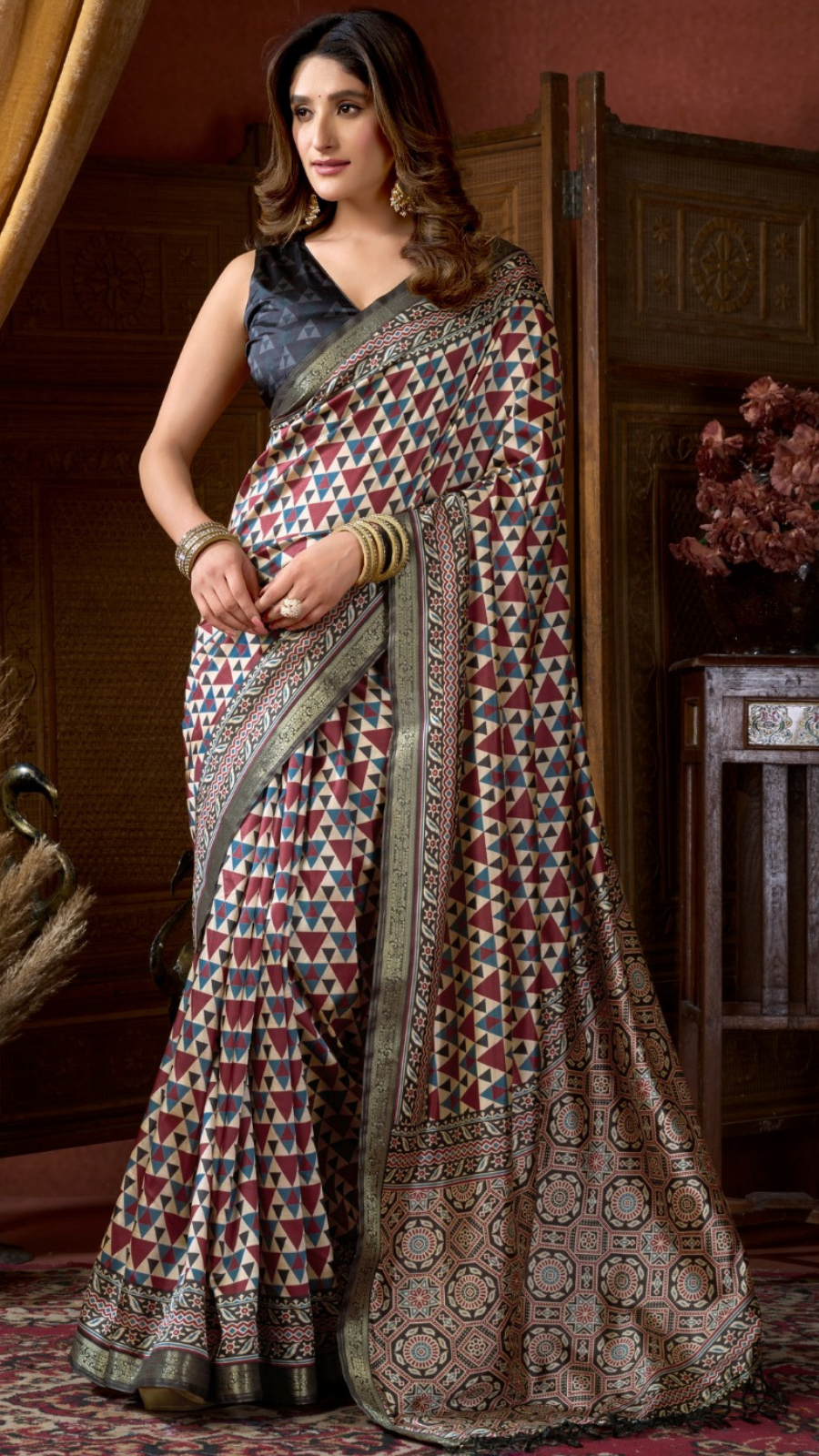 White Contemporary Printed Tussar Silk Saree