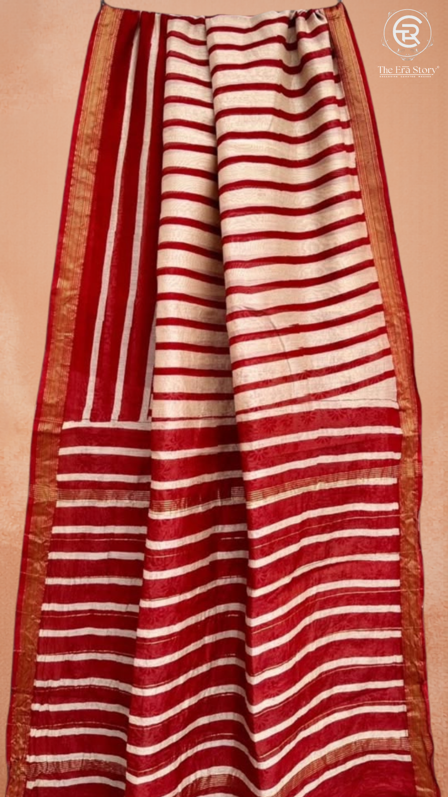White & Red Line Patterned Handblocked Pure Maheshwari Cotton Sarees