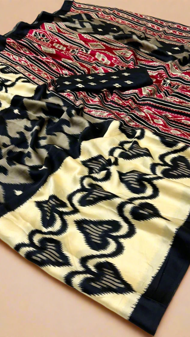 Beige and Black Contemporary Ajrakh Satin Crepe Silk Saree