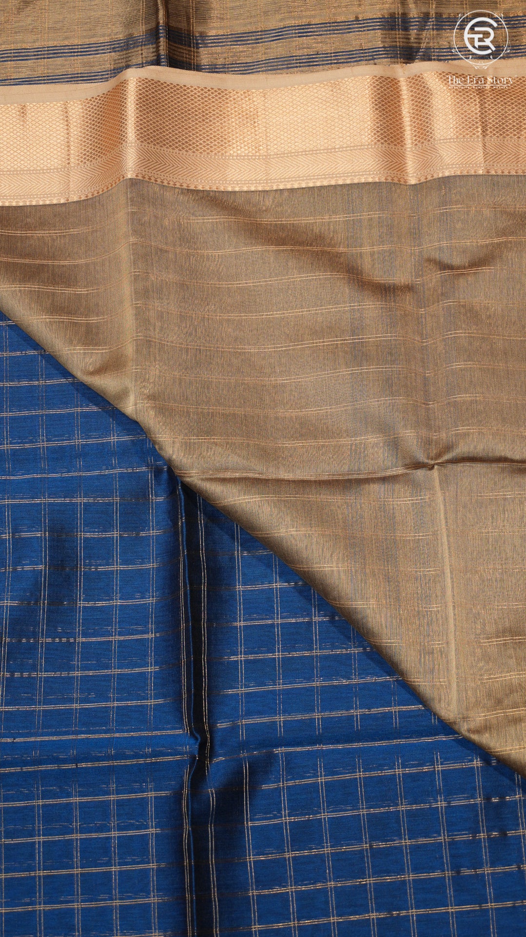 Royal Blue & Gold Checked Zari Handloom Pure Maheshwari Silk Saree