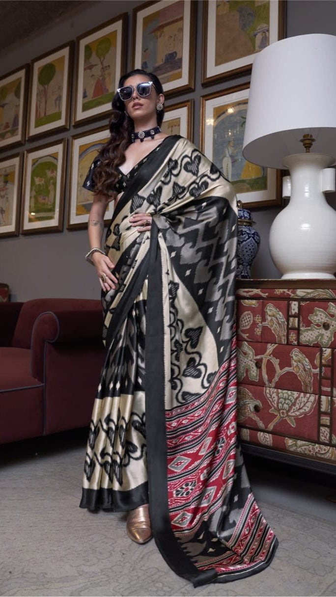 Beige and Black Contemporary Ajrakh Satin Crepe Silk Saree