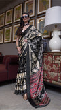 Beige and Black Contemporary Ajrakh Satin Crepe Silk Saree