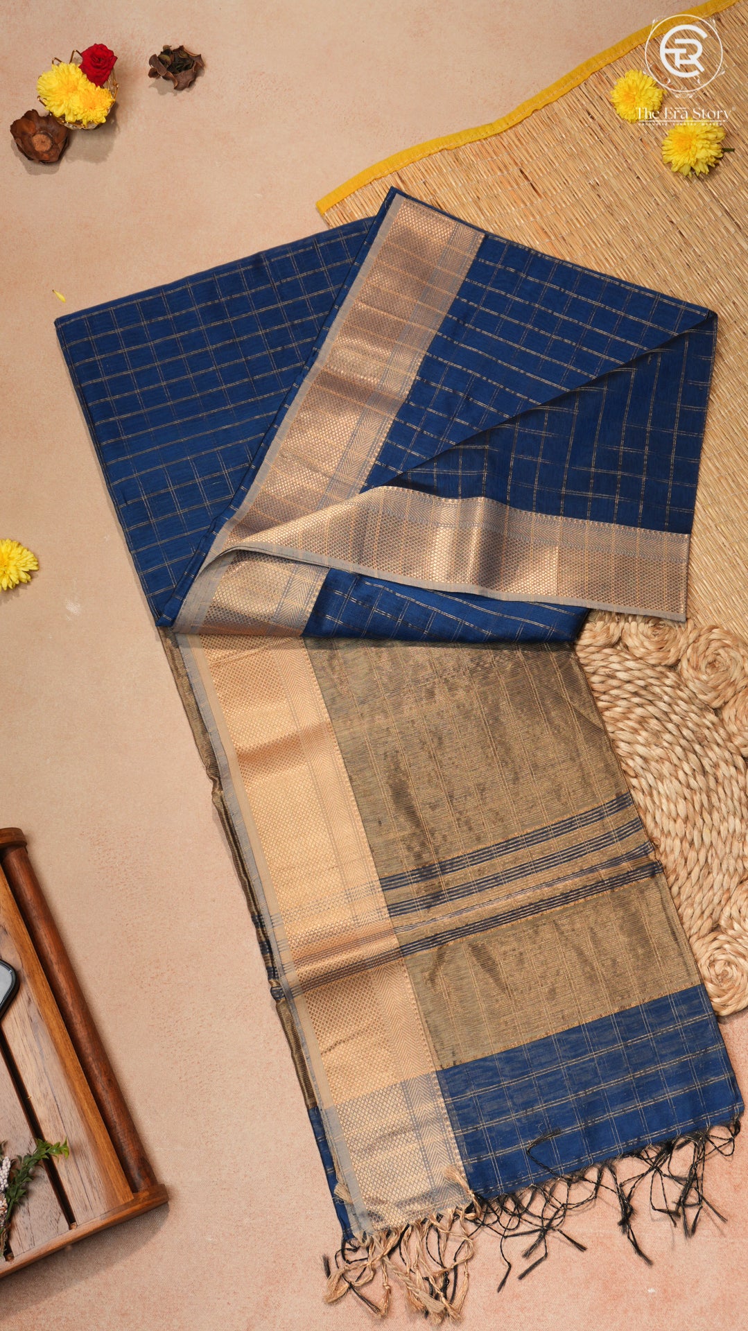 Royal Blue & Gold Checked Zari Handloom Pure Maheshwari Silk Saree