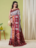 Grey and Red Pochampally Soft Silk Saree