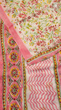 White & Green Vine Floral Handblocked Pure Georgette Saree