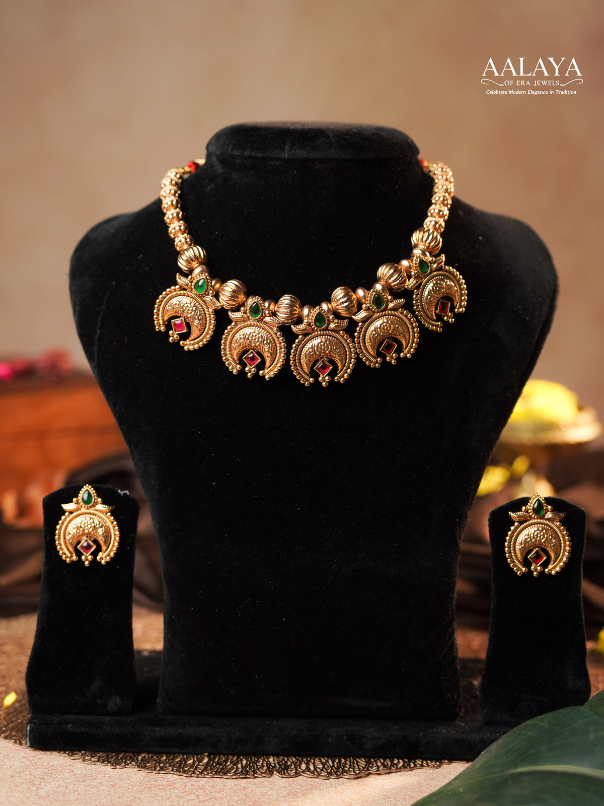 Aalaya Antique Gold Nakshi Crescent Necklace Set