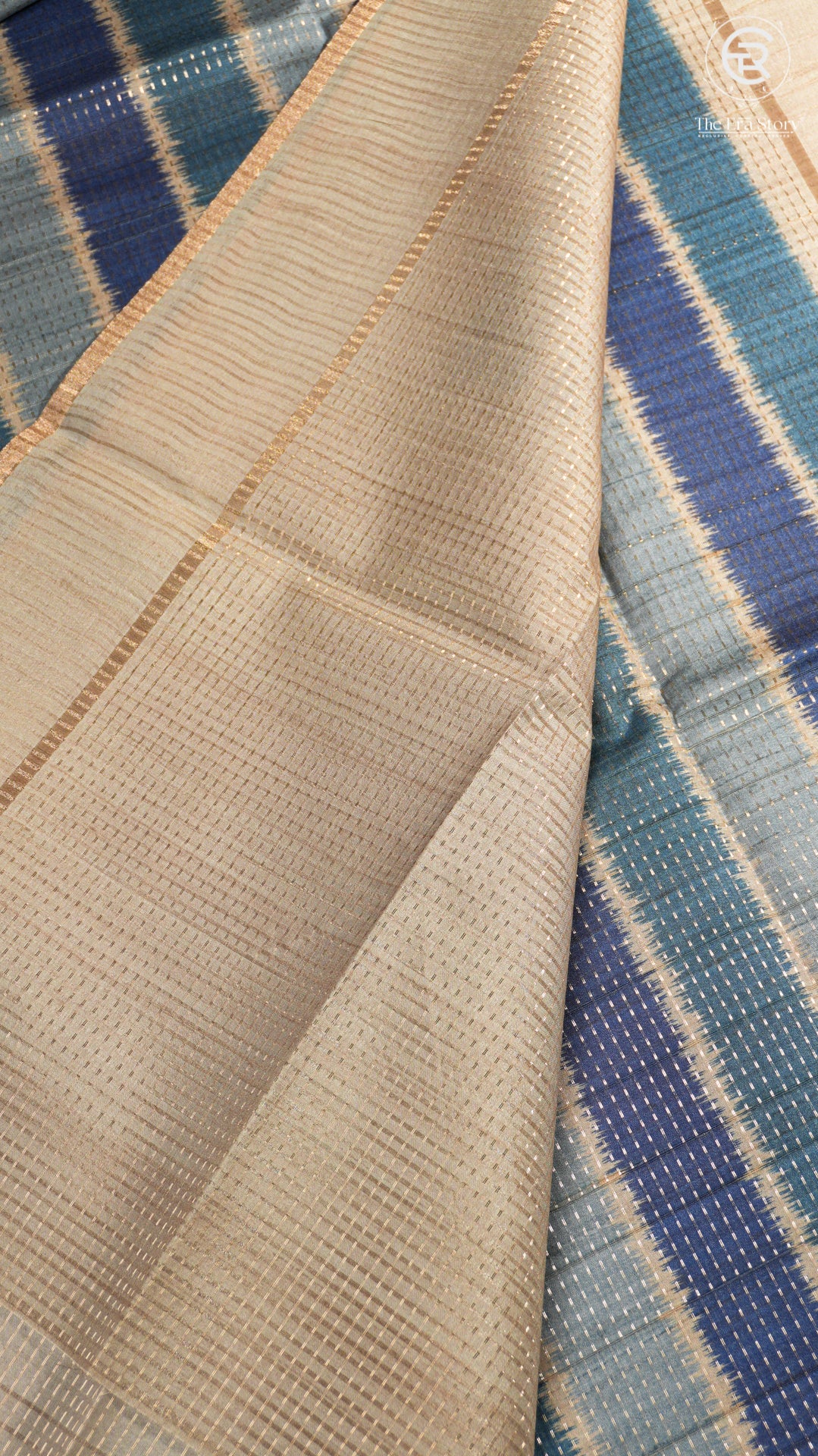 Blue and Beige Kantha Matka Tussar Silk Saree