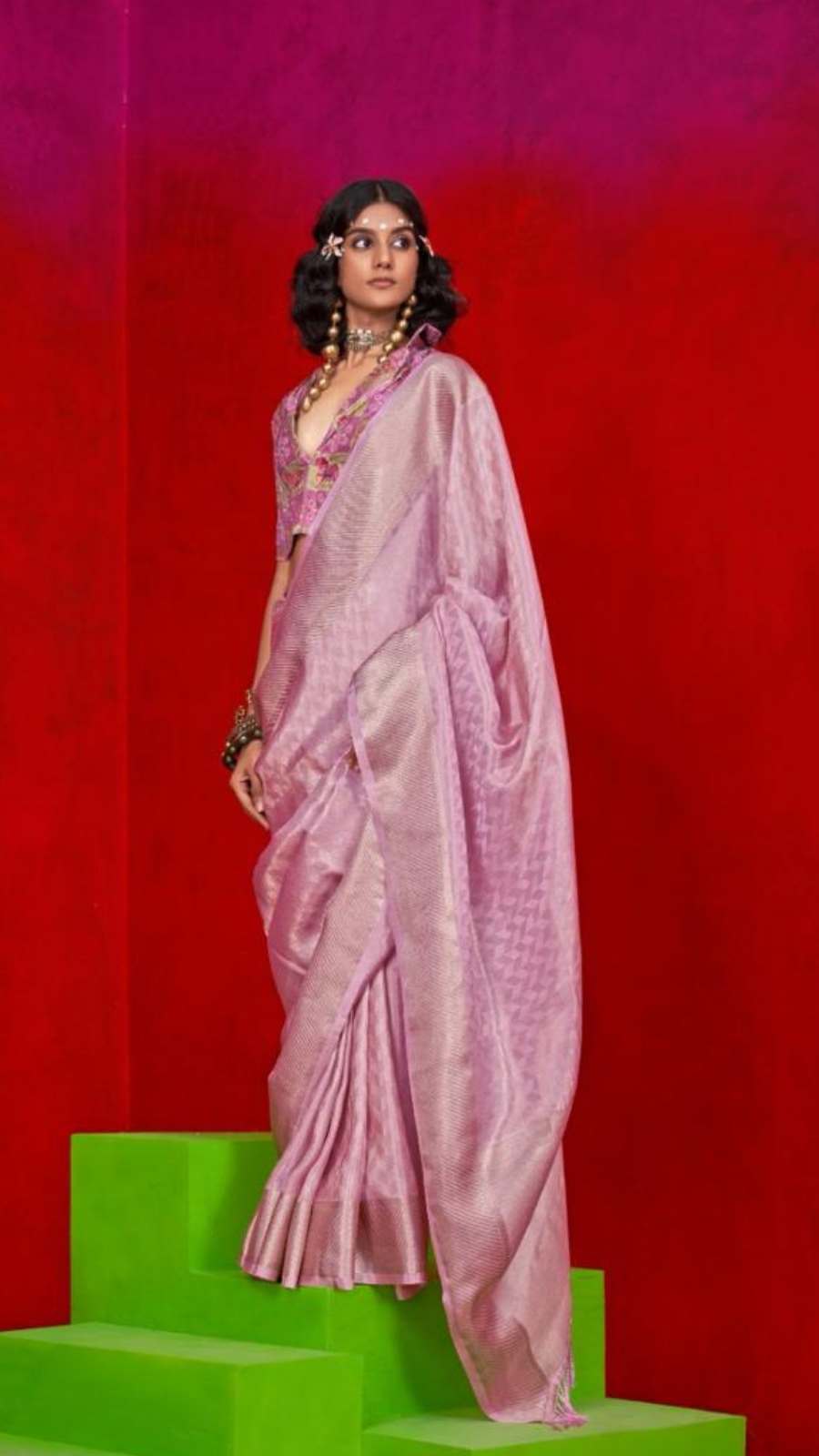 Pink Pure Viscose Zari Tissue Silk Saree