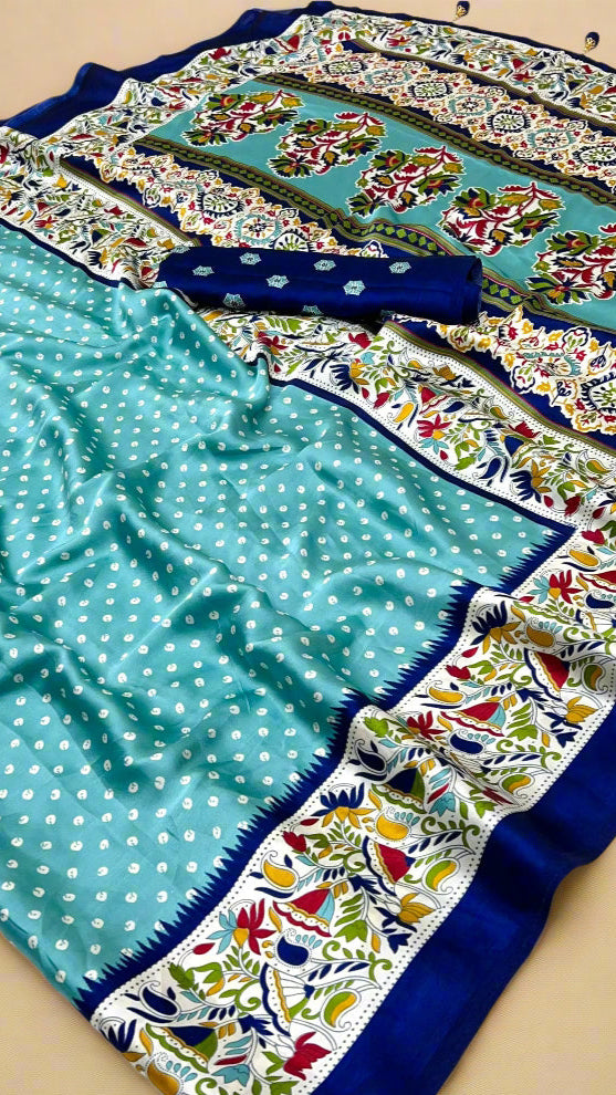 Teal Blue Bandhini Floral Ajrakh Gajji Silk Saree