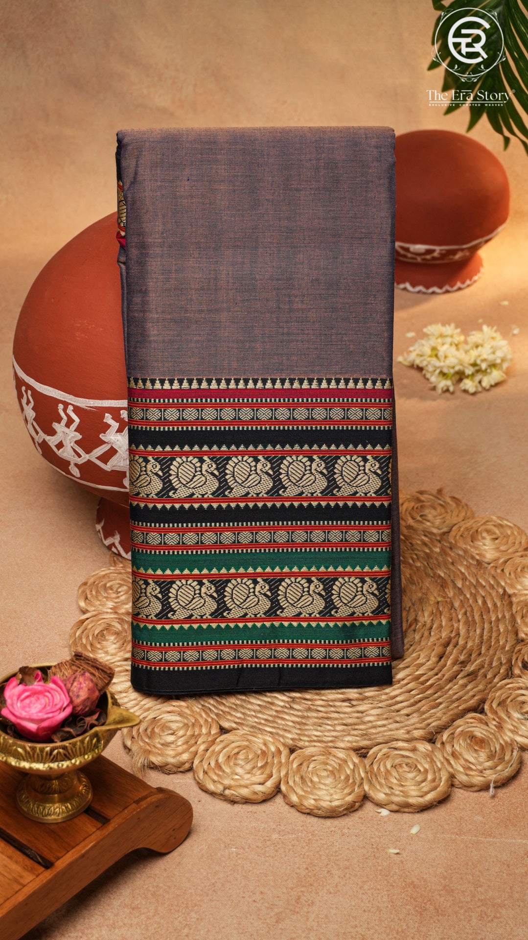 Mauve Grey Peacock & Paisley Border Handloom Narayanpet Cotton Saree