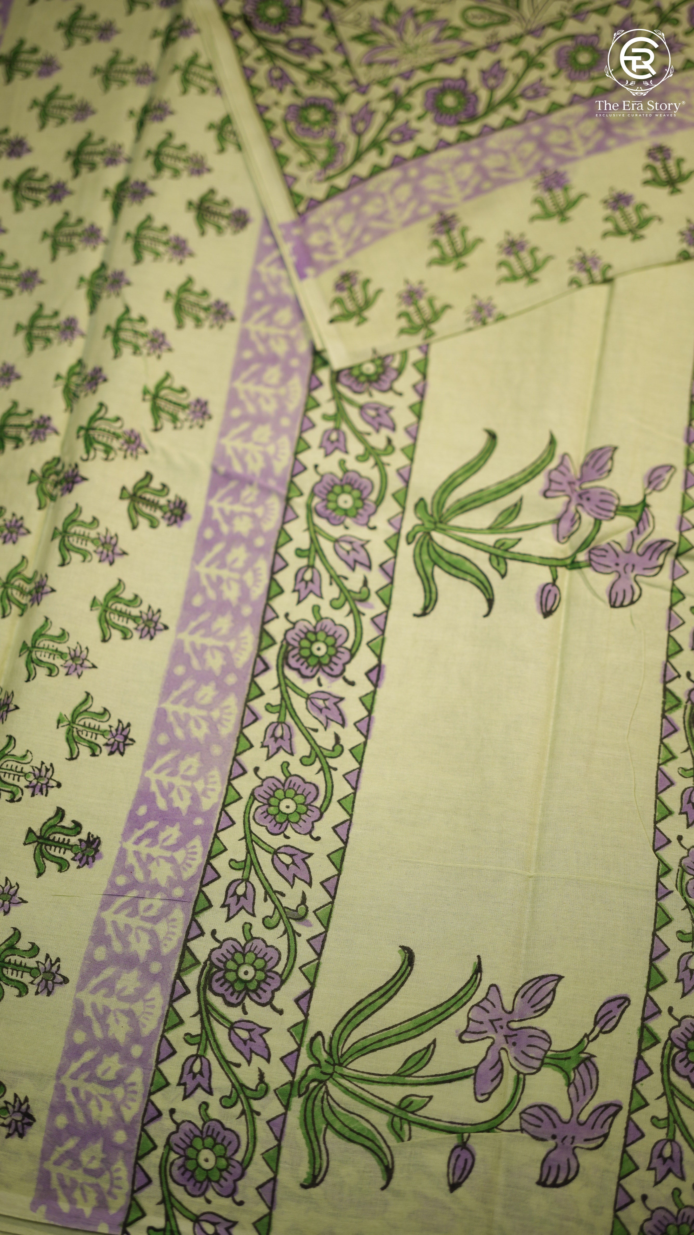 Pista Green Floral Handblocked Pure Mul Cotton Saree
