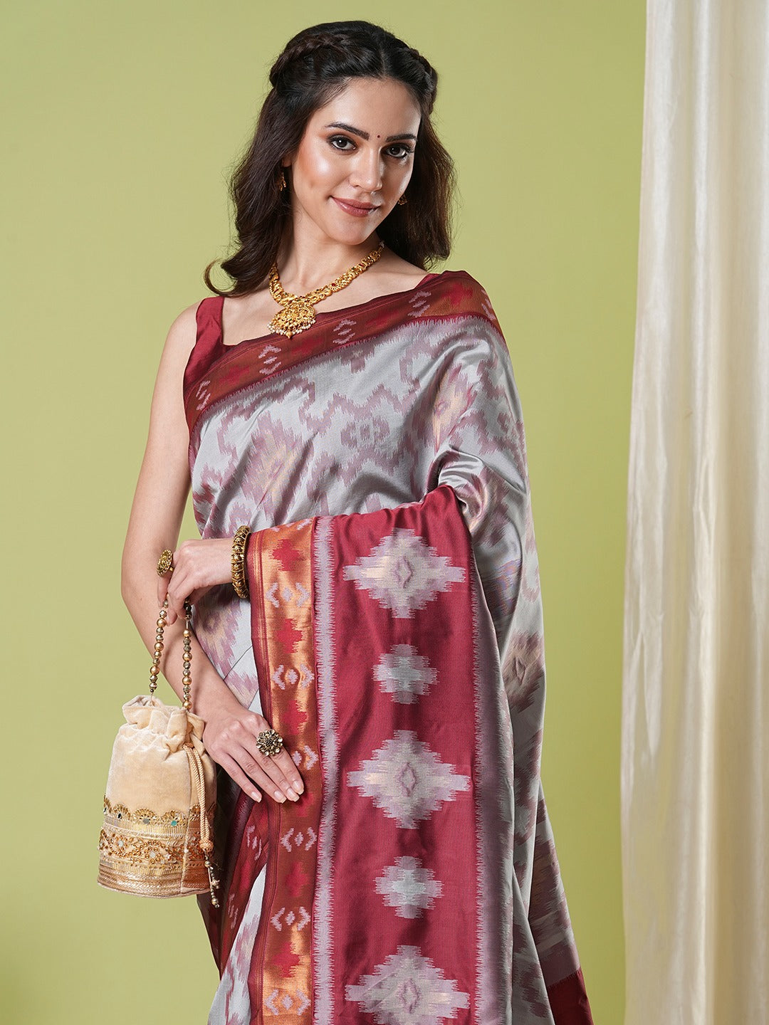 Grey and Red Pochampally Soft Silk Saree