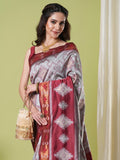 Grey and Red Pochampally Soft Silk Saree