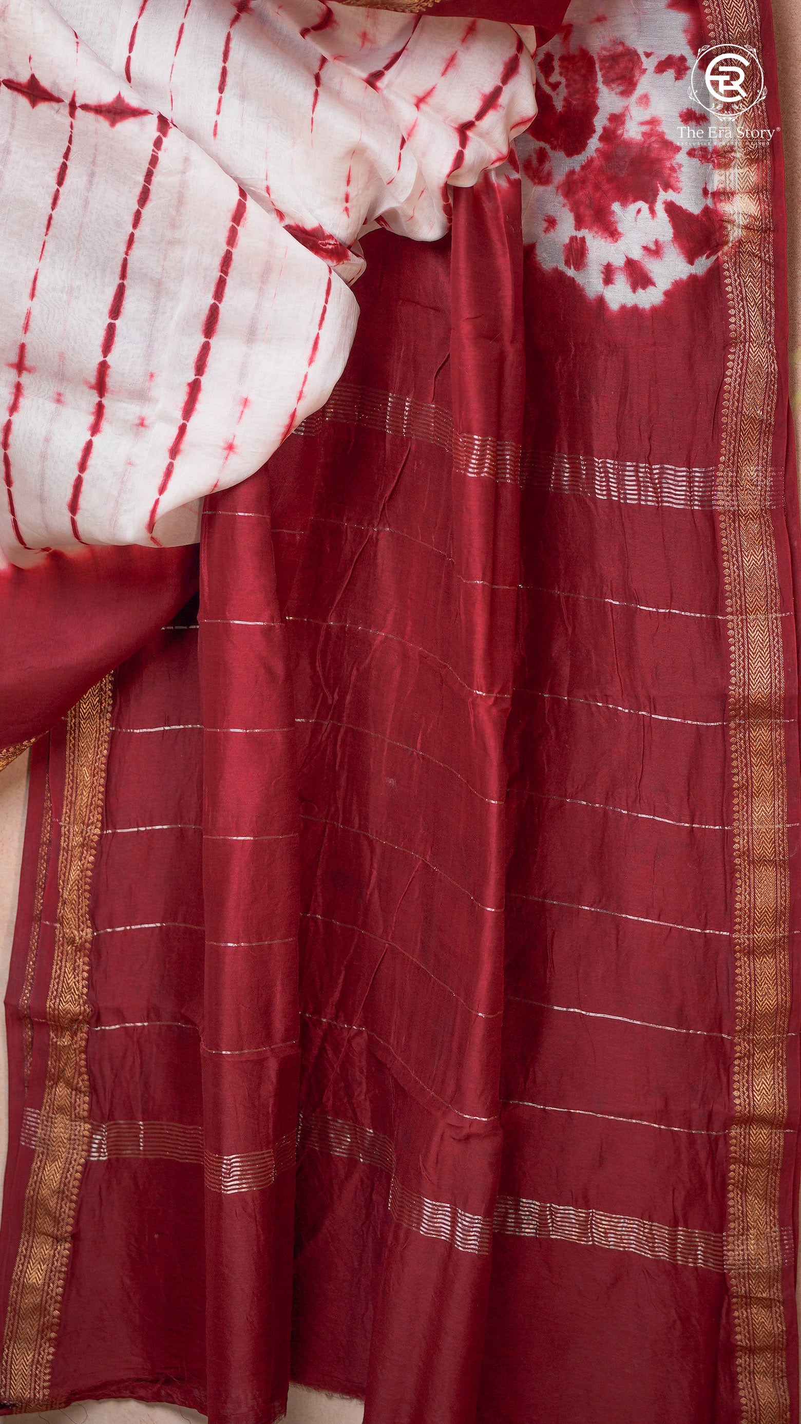 Red & White Contemporary Tie & Dye Handblocked Pure Maheshwari Cotton Saree
