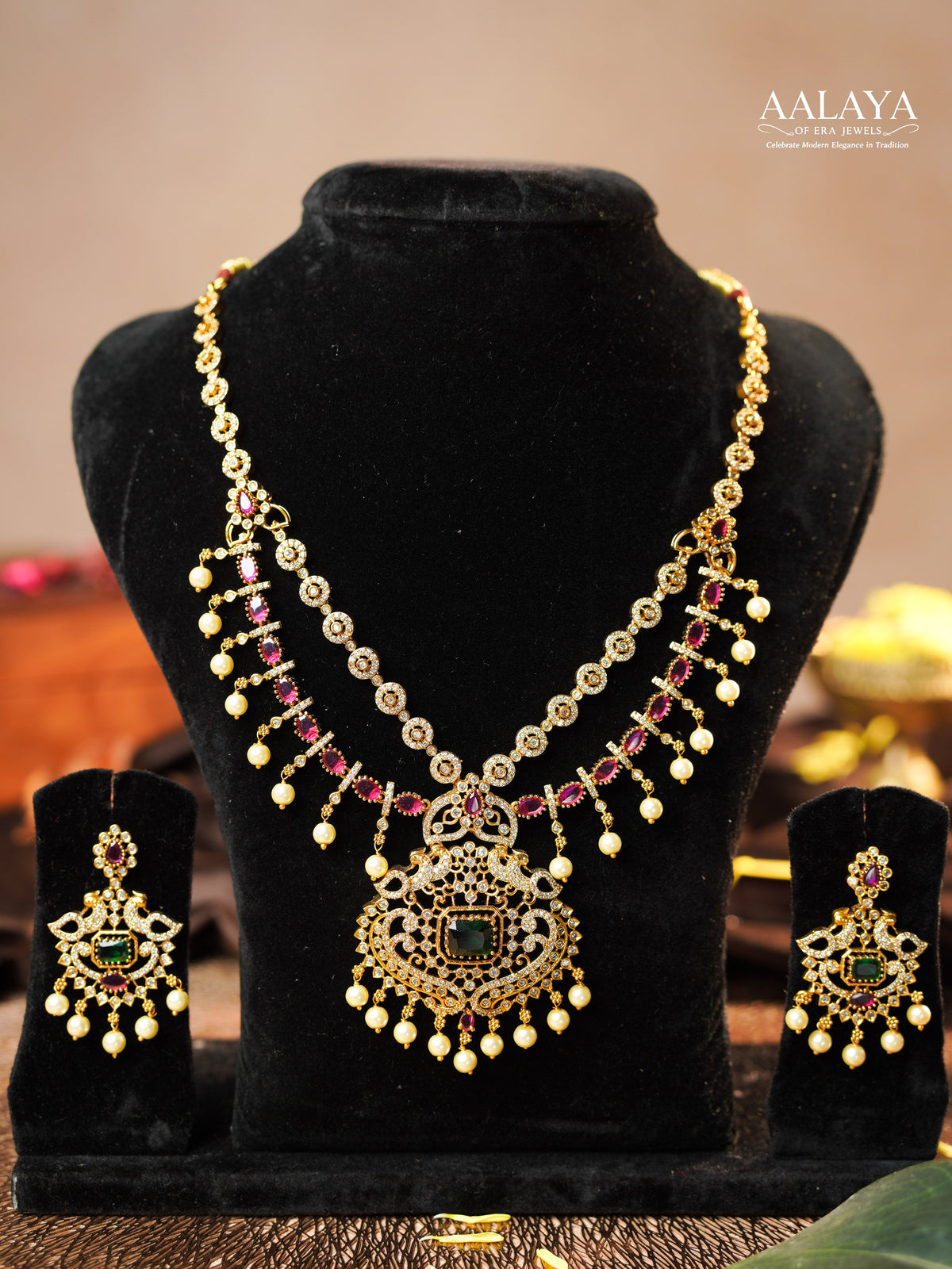 Aalaya Mayura Emerald Ruby Heritage Necklace Set