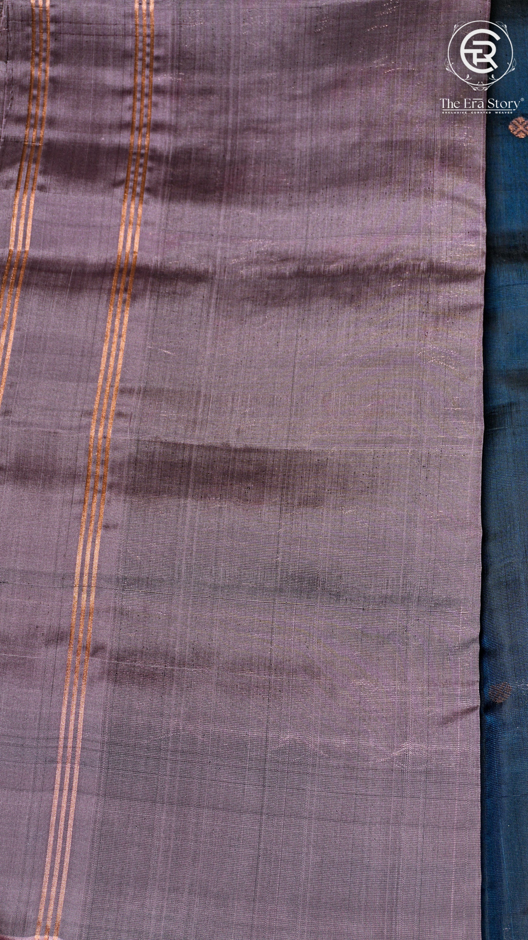 Deep Peacock Blue and Mauve Grey Handloom Pure Kanchipuram Silk Saree (Silk Mark Certified)