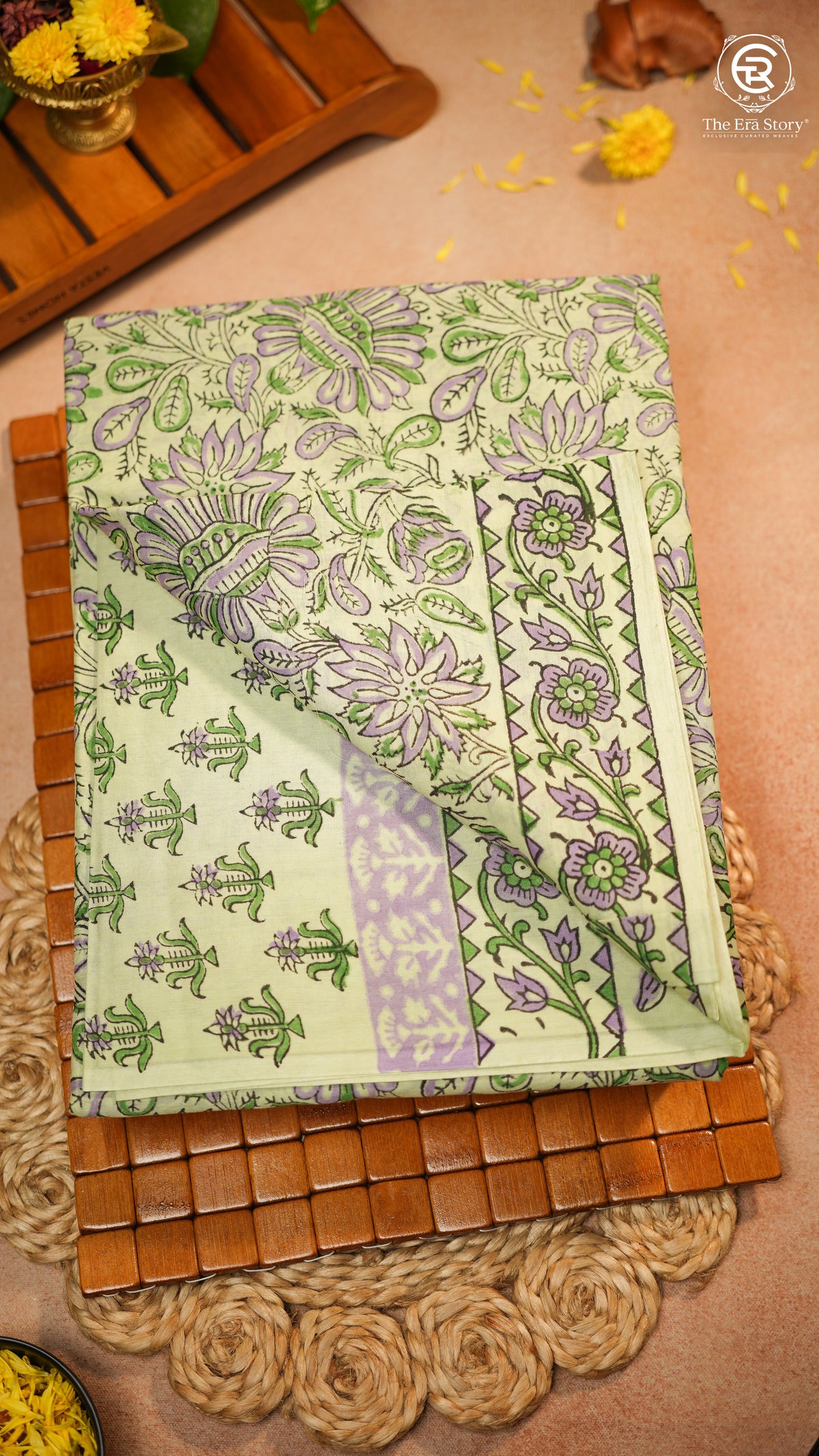 Pista Green Floral Handblocked Pure Mul Cotton Saree