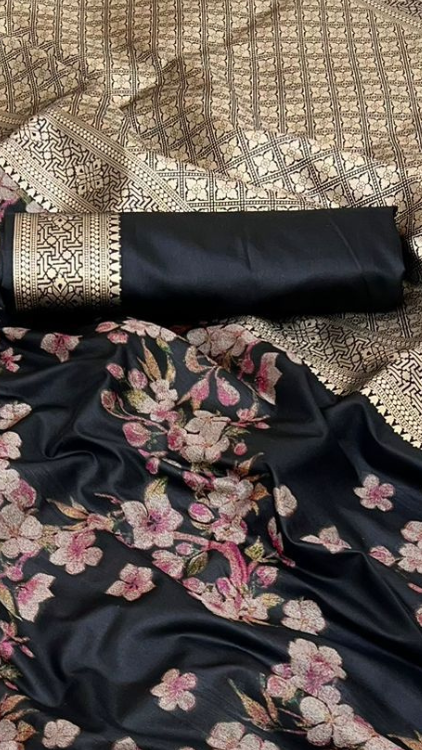 Black and Gold Floral Satin Banarasi Silk Saree