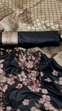 Black and Gold Floral Satin Banarasi Silk Saree