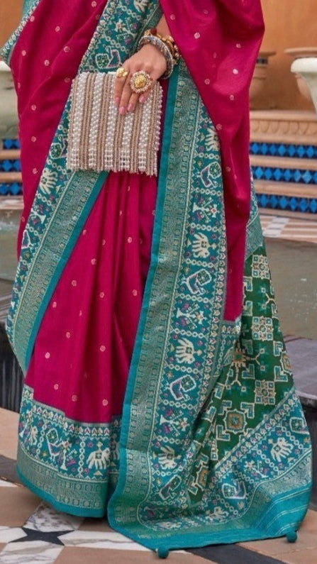 Pink and Green Ikat Patola Contemporary Banarasi Crepe Silk Saree ERA06PNK