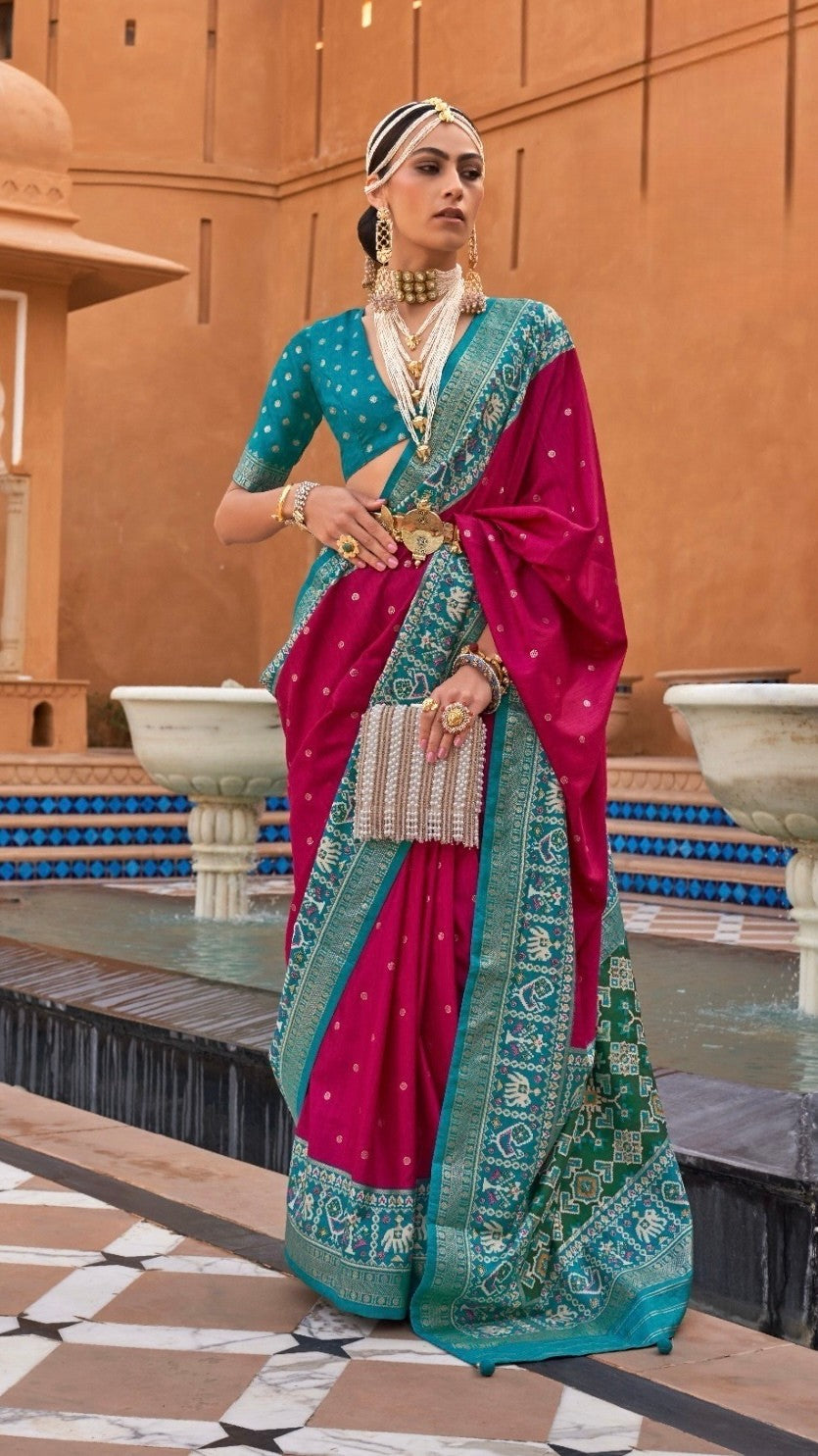 Pink and Green Ikat Patola Contemporary Banarasi Crepe Silk Saree ERA06PNK