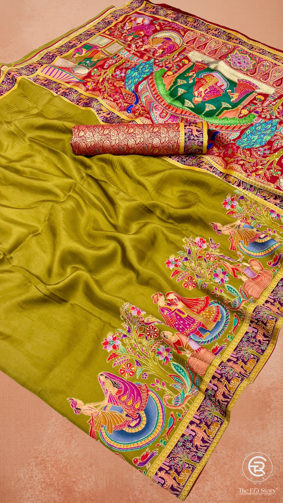 Moss Green & Blue Festive Print Crepe Banarasi Saree