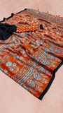 Black and Orange Ajrakh Satin Crepe Silk Saree