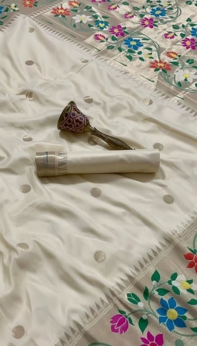 Pearl White Floral Paithani Soft Silk Sarees