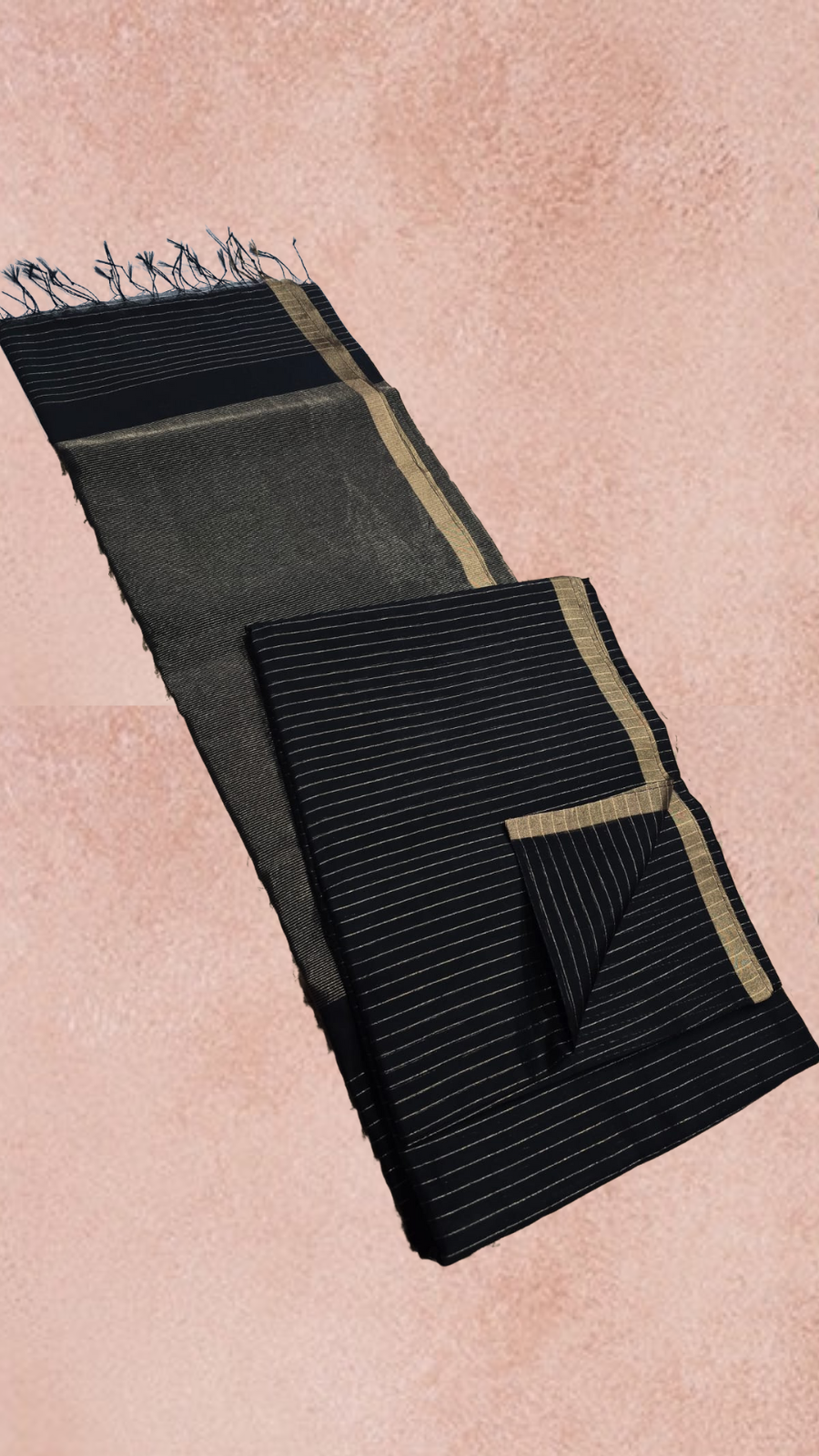 Black Gold Zari Line Handloom Pure Maheshwari Silk Saree