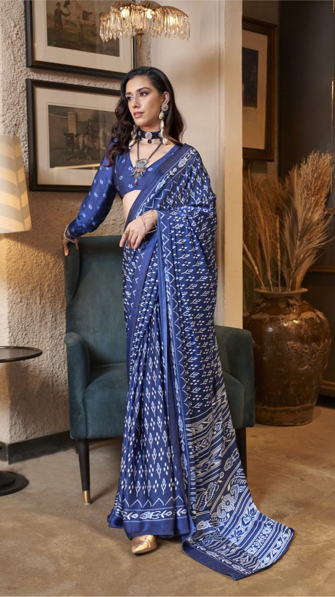 Blue Contemporary Ajrakh Satin Crepe Silk Saree