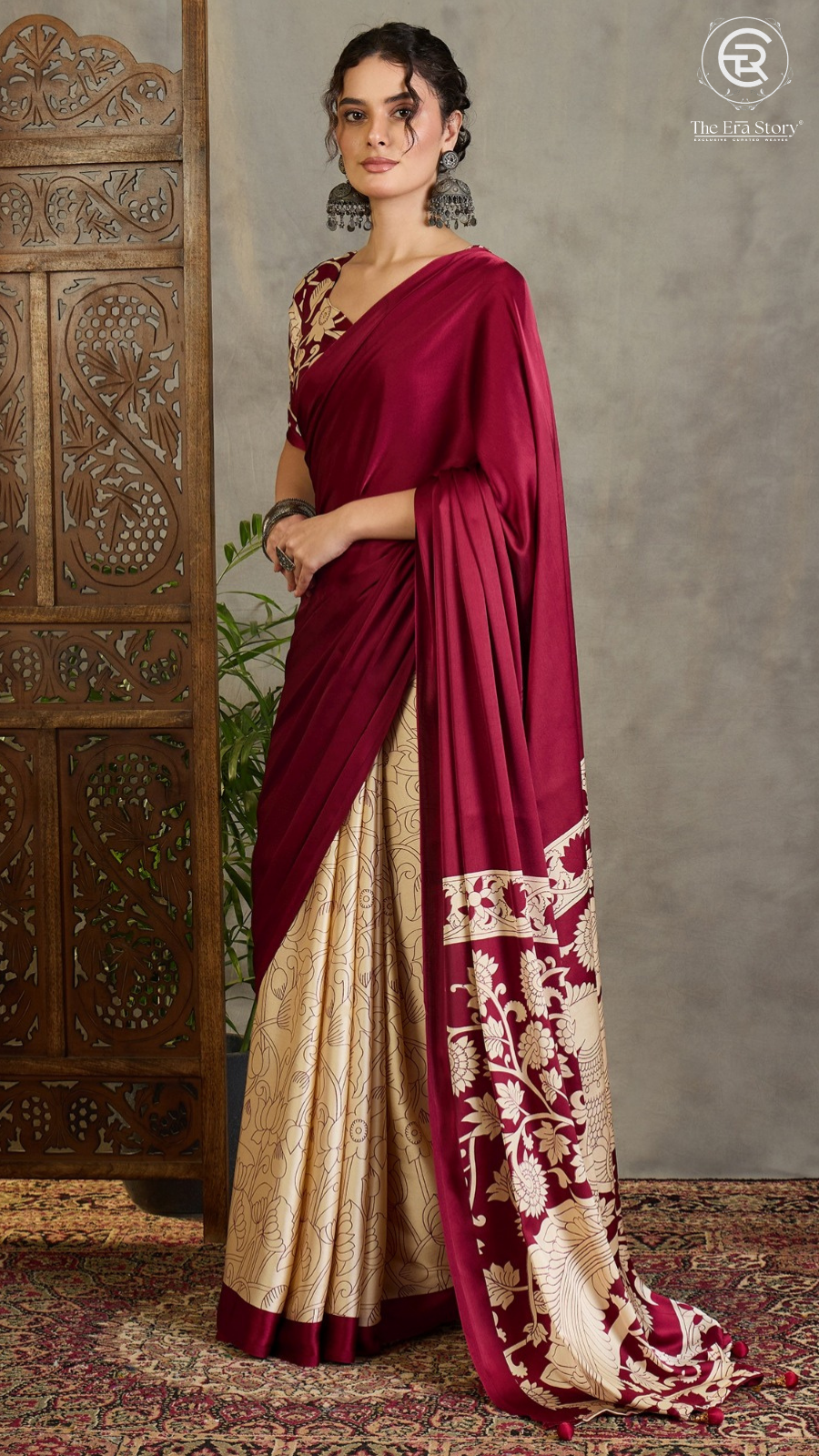 Maroon Beige Pichwai Kalamkari Satin Crepe Saree
