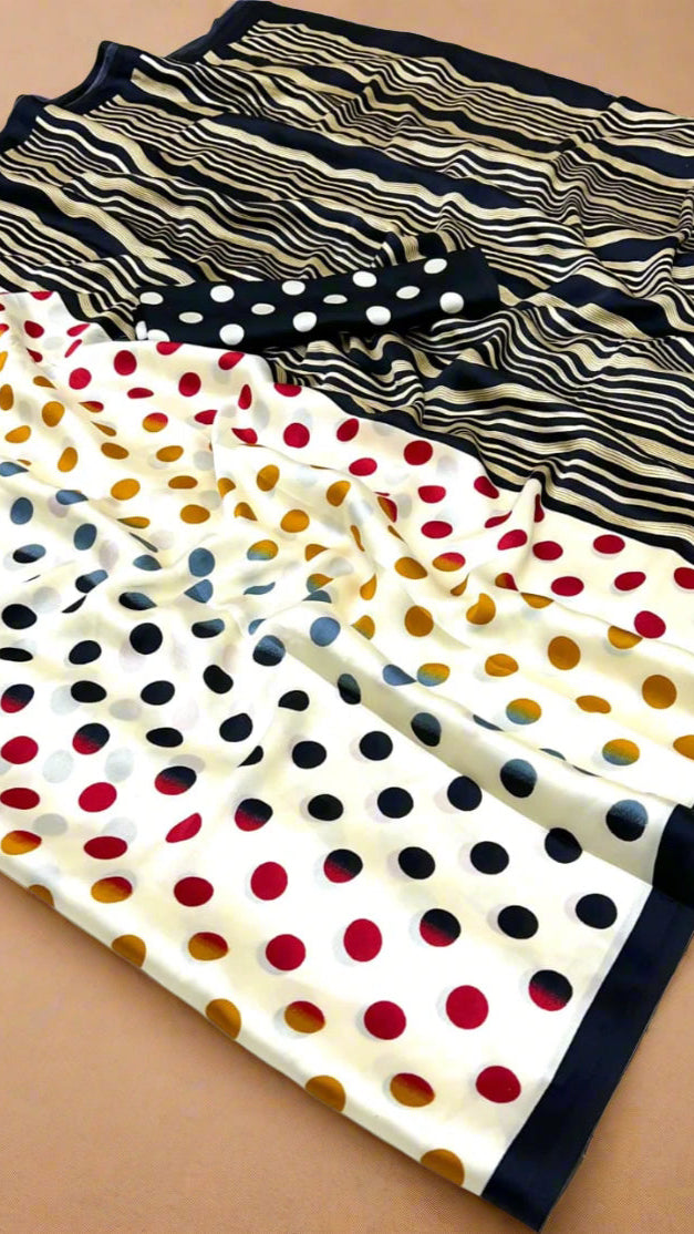 White and Polka Dots Ajrakh Satin Crepe Silk Saree