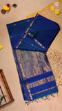 Deep Blue Line Star Butta Zari Handloom Pure Maheshwari Silk Saree
