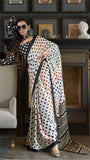 White and Polka Dots Ajrakh Satin Crepe Silk Saree