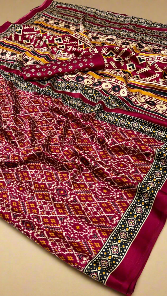 Dark Pink Contemporary Ajrakh Satin Crepe Silk Saree