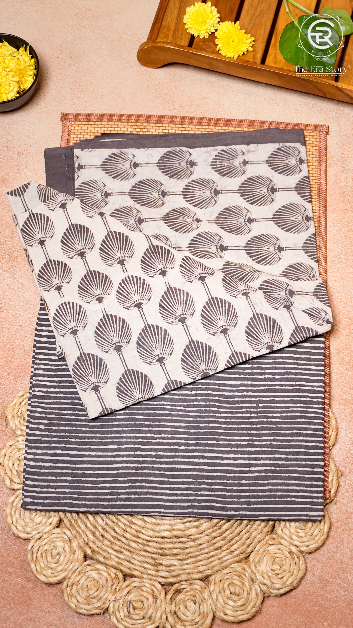 Charcoal Grey & Palm Fan Patterned Handblocked Cotton Salwar Set