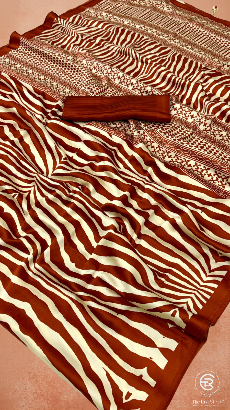 Maroon Yellow & Beige Zebra Pattern Satin Modal Silk Saree