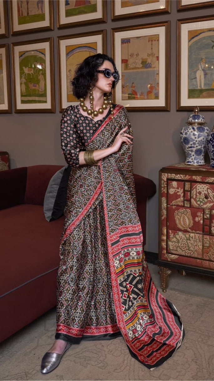 Black and Red Contemporary Ajrakh Satin Crepe Silk Saree