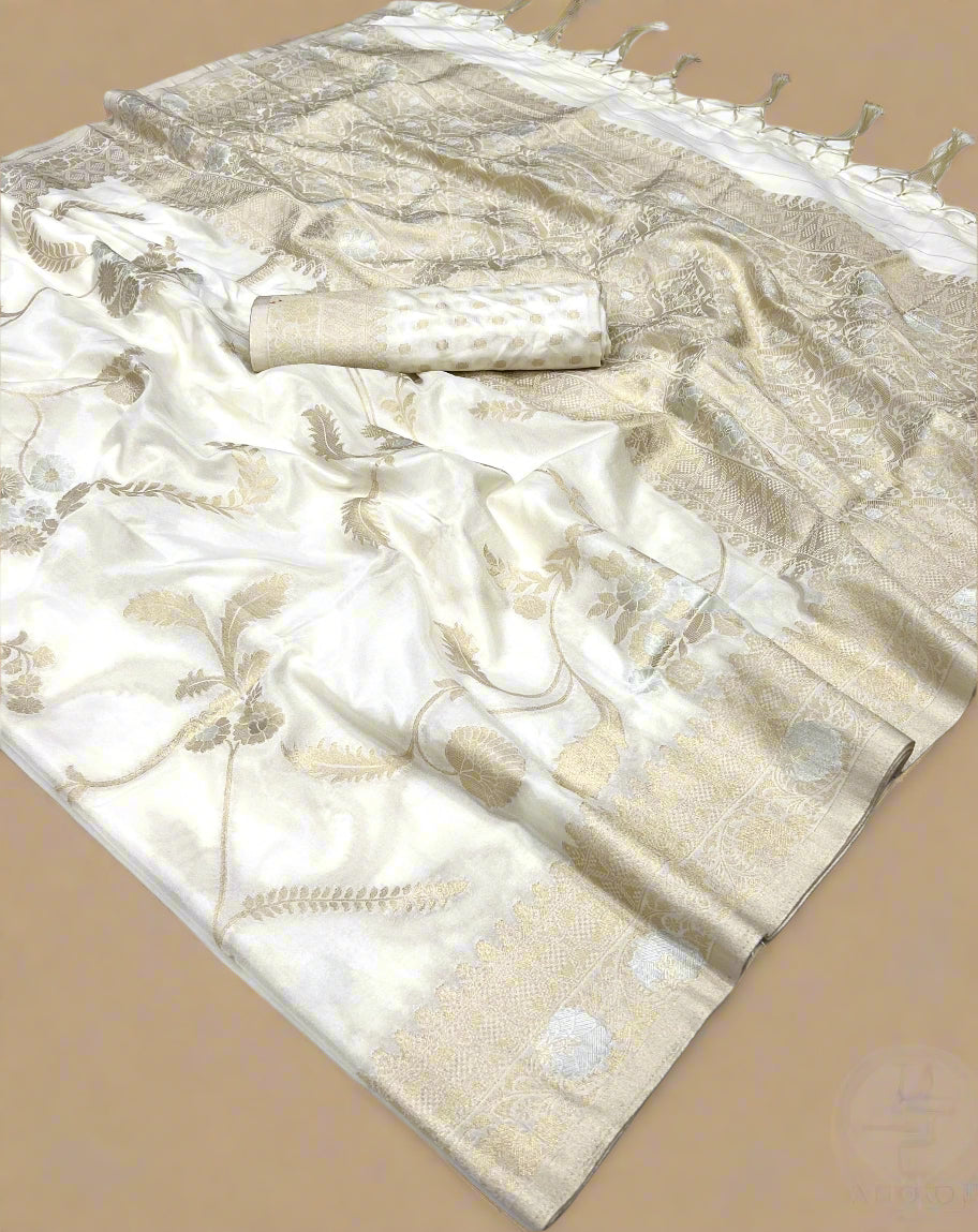 White and Gold Floral Pure Georgette Handloom Weaving Silk Saree