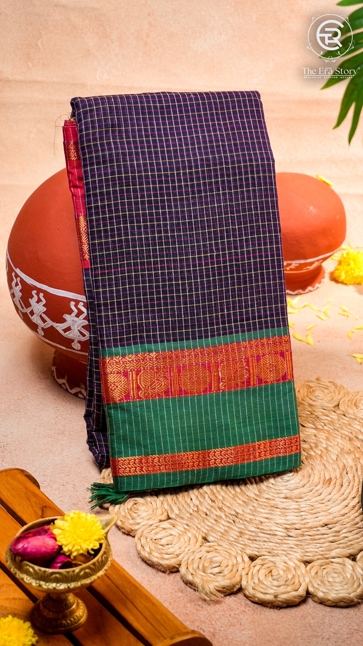 Purple Checkered Red & Green Bordered Peacock Handloom Narayanpet Cotton Saree
