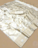 White and Gold Floral Pure Georgette Handloom Weaving Silk Saree