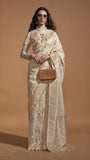 White and Gold Floral Pure Georgette Handloom Weaving Silk Saree