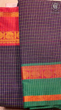 Purple Checkered Red & Green Bordered Peacock Handloom Narayanpet Cotton Saree