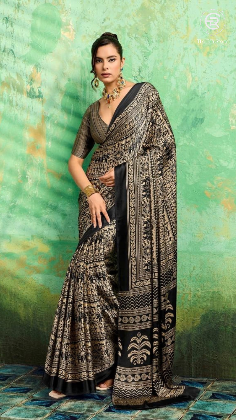 Black & Beige Warli Satin Silk Saree