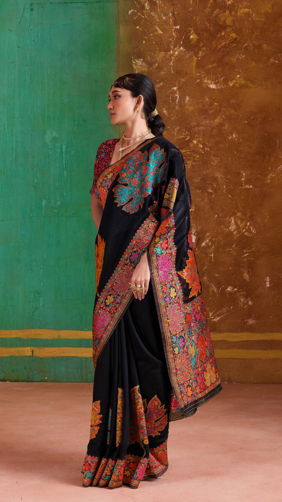 Black Maple Leaf Pure Kashmiri Festive Weave Cotton Saree