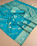 Turquoise and Gold Floral Pure Georgette Handloom Weaving Silk Saree