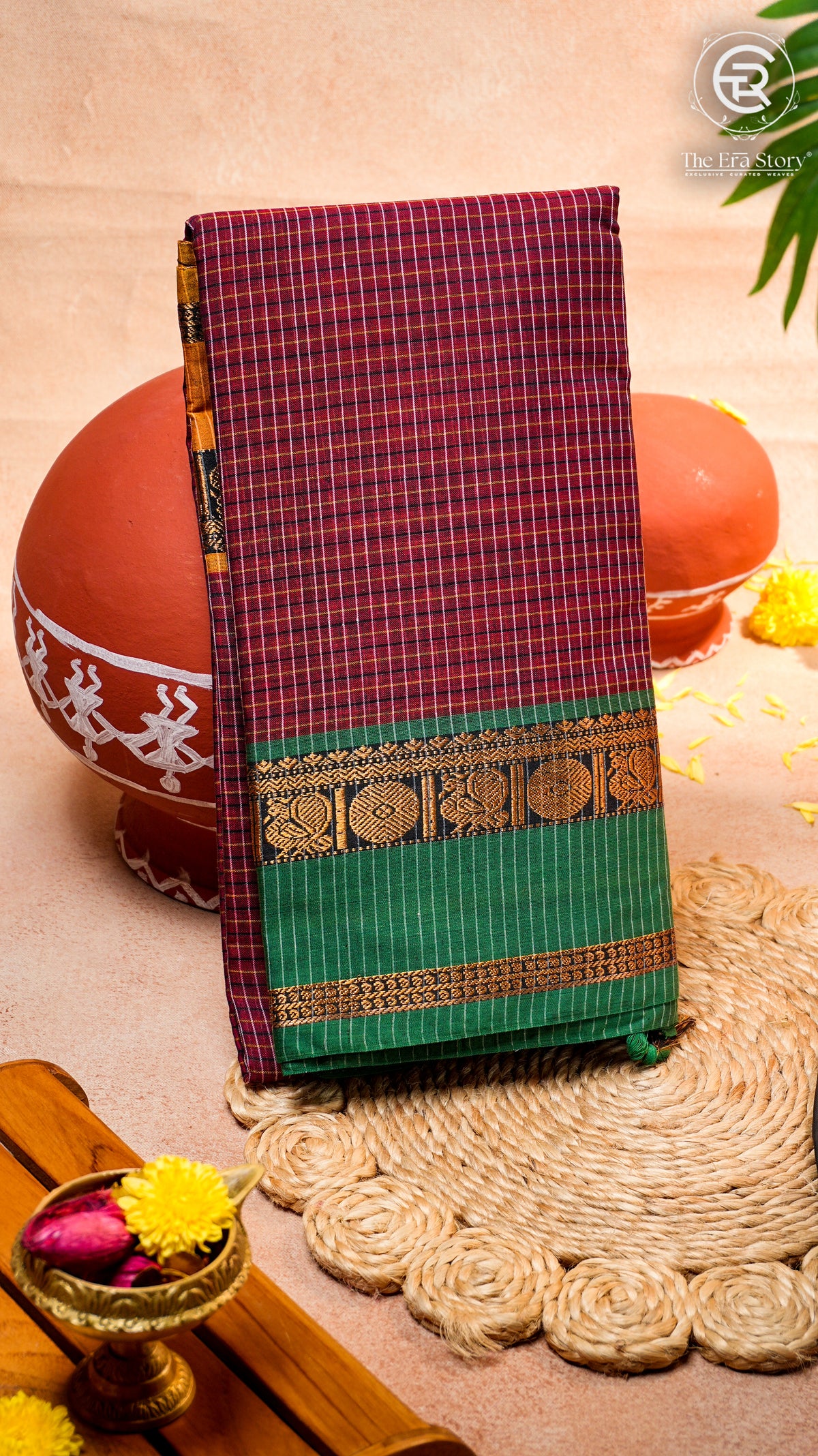 Maroon Checkered Yellow  & Green Bordered Peacock Handloom Narayanpet Cotton Saree