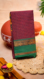 Maroon Checkered Yellow  & Green Bordered Peacock Handloom Narayanpet Cotton Saree