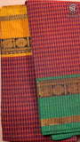 Maroon Checkered Yellow  & Green Bordered Peacock Handloom Narayanpet Cotton Saree