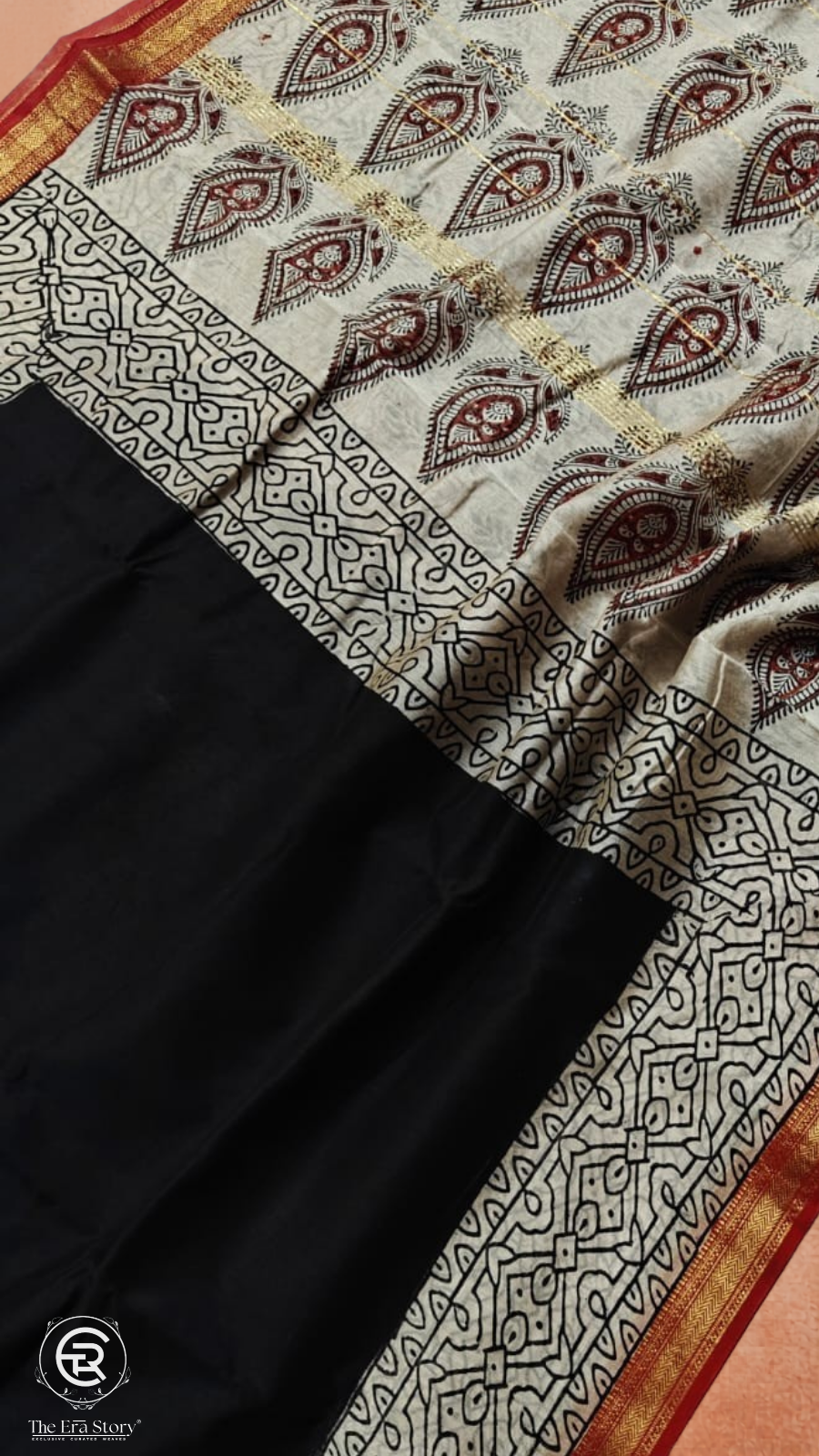Black & Beige Cone Pattern Handblocked Pure Maheshwari Cotton Sarees